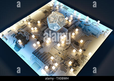 Circuit board with gold chip, 3D rendering Stock Photo