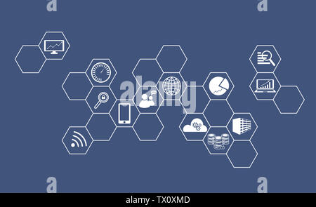 Concept diagram of big data analysis and various big data icons Stock Photo