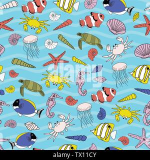 Cute hand drawn underwater scenery seamless pattern background. Stock Vector