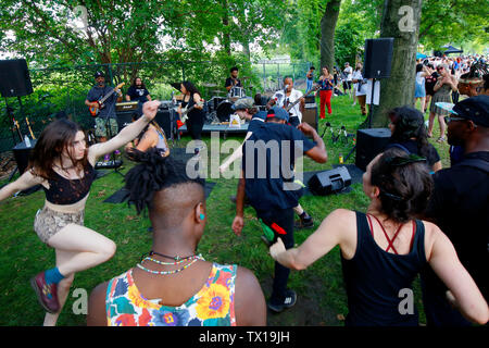 Dancing to the 1865 band at Punk Island 2019 on Randall's Island, New York, NY (June 22, 2019) Stock Photo