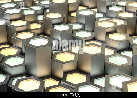 Golden hexagonal metallic background, three-dimensional rendering Stock Photo