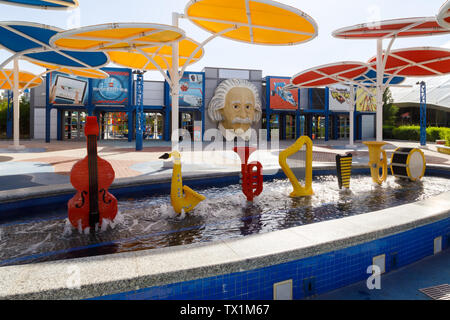 DUBAI, UAE, JANUARY 09, 2019: Fountain with musical instruments made of Lego bricks, standing in a row Stock Photo