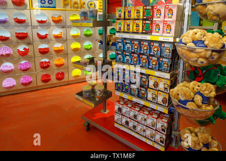 DUBAI, UAE, JANUARY 09, 2019: Variety of construction toys on shelves in a store in Legoland Stock Photo