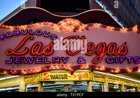 Neon Souvenir Shop Sign on Fremont Street, Downtown Las Vegas. Stock Photo