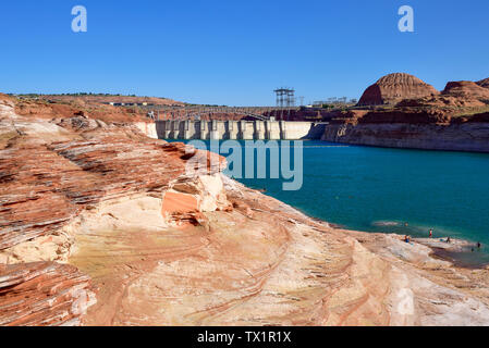 Glen Canyon Dam, a concrete arch-gravity dam on the Colorado River in Page Arizona Stock Photo