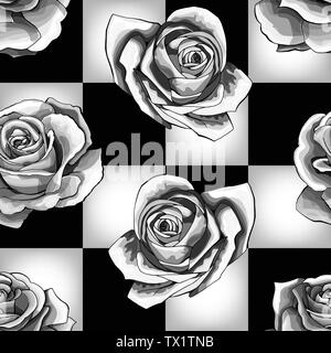 White roses on chessboard background. Vector seamless pattern design Stock Vector