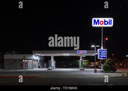 Night image of a Mobil gas station in Pasadena, California. Stock Photo