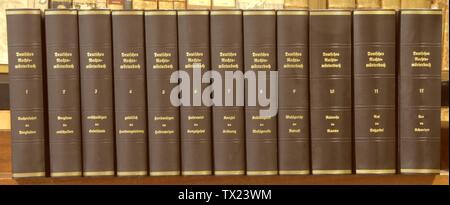 The Deutsches Rechtswoerterbuch (DRW, Dictionary of Historical German Legal Terms) comprises 12 volumes with 90,000 articles from A to S so far. Since 1999 the DRW has gradually been provided with an appearance on the world-wide web. Today all completed articles of the DRW are available to the public on its website (www.deutsches-rechtswoerterbuch). Bislang sind 12 BÃ¤nde des Deutschen RechtswÃ¶rterbuchs (DRW) im Druck erschienen. Sie enthalten auf rund 20.000 Druckspalten Ã¼ber 90.000 Artikel von A bis S.; 18 March 2014; Own work; Rechtshistoriker;