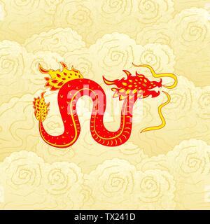 Traditional chinese Dragon character. Flat style. Vector illustration. Background chinese clouds Stock Vector