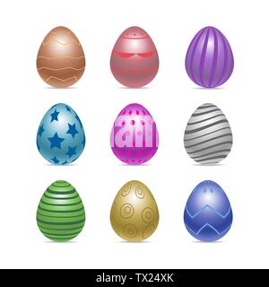 Vector set of decorated realistic chiken eggs isolated on white background with different patterns. Perfect Easter holiday template.Three-dimensional Stock Vector