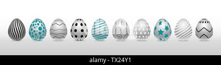 Vector row of realistic chiken eggs isolated on white background with soft shadow. Perfect Easter holiday template. Decorated in different colors and Stock Vector