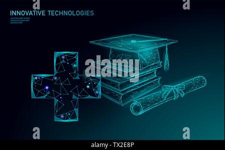 E-learning distance medicine graduate certificate program concept. Low poly 3D render graduation cap diploma medical cross banner template. Internet Stock Vector