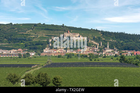 The medieval village of Soave near Verona with the castle, the green hills and the famous vine cultivation, Veneto, Italy, Europe Stock Photo