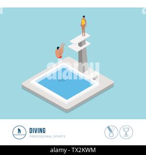 Professional sports competition: diving, professional diver jumping from a platform Stock Vector