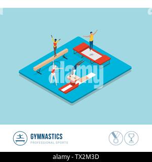 Professional sports competition: gymnastics, athletes performing with balance beam, vault and trampoline Stock Vector