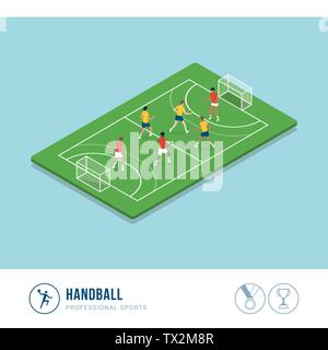 Professional sports competition: handball match and female players running and throwing ball Stock Vector