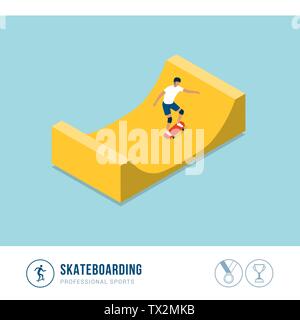 Professional sports competition: skateboarding, man riding a skateboard on a halfpipe Stock Vector