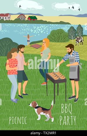 Picnic. Cute flat Vector illustration of mans and womans resting on the nature against the background of the rural landscape . Drawing by hand active Stock Vector