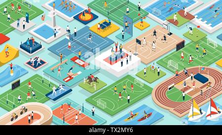 Sports and international competitions: multiethnic professional athletes and teams performing together, isometric people, fields and equipment Stock Vector