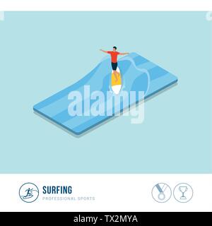 Professional sports competition: surfing, man riding a surfboard Stock Vector