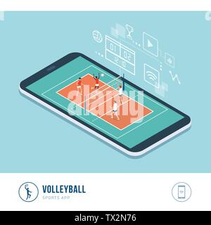 Professional sports competition: volleyball match with female players, mobile app Stock Vector