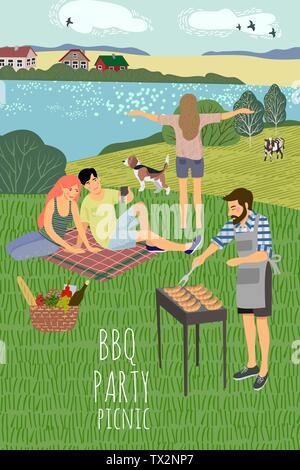 Picnic. Cute flat Vector illustration of mans and womans resting on the nature against the background of the rural landscape . Drawing by hand active Stock Vector