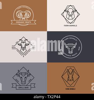 Vector collection of logo illustration of farm animals icons in linear style isolated Stock Vector