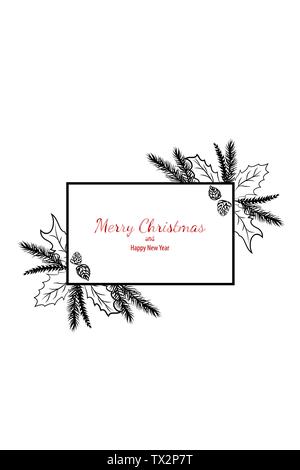 Merry christmas doodle card simple frame gift. Fir tree hand drawn black white vector holiday graphic design. Stock Vector