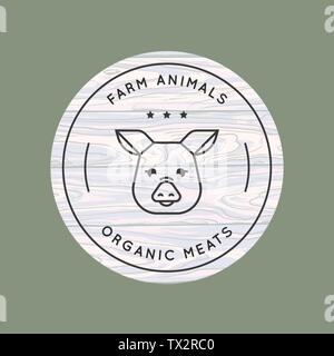 A pig is drawn in a linear style for a farm logo on a background of vector wood texture. Stock Vector