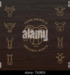 Farm animals vector icon set of 9 illustrations isolated in wood vector background Stock Vector