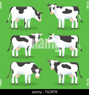 Farm animals cows isolated on green background. Set of white and black cows in flat style, for logo and web design. Farm cow cartoon character. Stock Vector