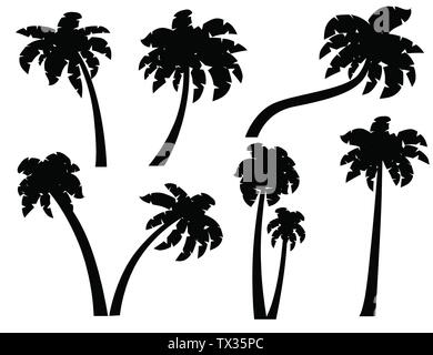 Black silhouettes set of palm trees with different trunks flat vector illustration isolated on white background. Stock Vector