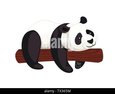 Cute big panda lying on tree trunk cartoon animal design flat vector illustration. Stock Vector