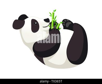 Cute big panda lying on floor and holds bamboo branch cartoon animal design flat vector illustration. Stock Vector