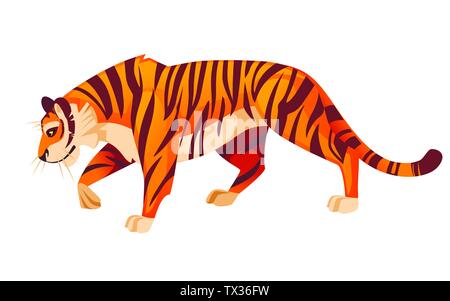 Adult big red tiger stand on ground wildlife and fauna theme cartoon animal design flat vector illustration isolated on white background. Stock Vector