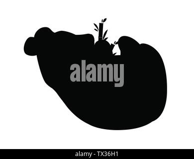 Black silhouettes cute big panda lying on floor and holds bamboo branch cartoon animal design flat vector illustration. Stock Vector