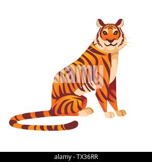 Adult big red tiger sit on ground wildlife and fauna theme cartoon animal design flat vector illustration isolated on white background. Stock Vector