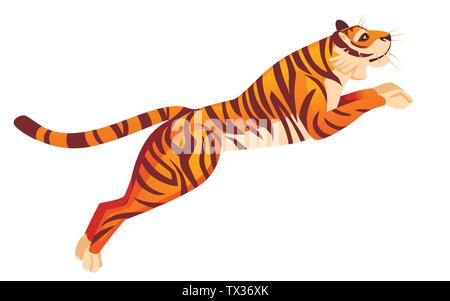 Adult big red tiger jumping from ground wildlife and fauna theme cartoon animal design flat vector illustration isolated on white background. Stock Vector