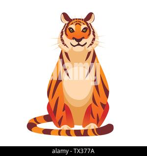 Adult big red tiger sit on ground wildlife and fauna theme cartoon animal design flat vector illustration isolated on white background front view. Stock Vector