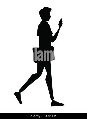 Black silhouettes man goes and holds in one hand a folder for paper in the other hand a smartphone cartoon character design flat vector illustration Stock Vector