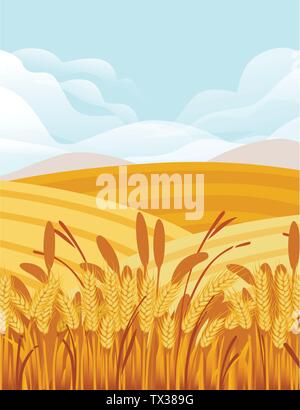 Wheat field illustration with rural landscape and good sunny day on background vertical banner design Stock Vector
