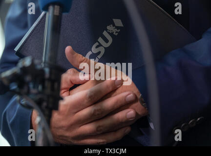 Munich, Germany. 24th June, 2019. Markus Söder, CSU Party Chairman and Prime Minister of Bavaria, talks to the waiting journalists before the CSU executive board meeting. Credit: Peter Kneffel/dpa/Alamy Live News Stock Photo