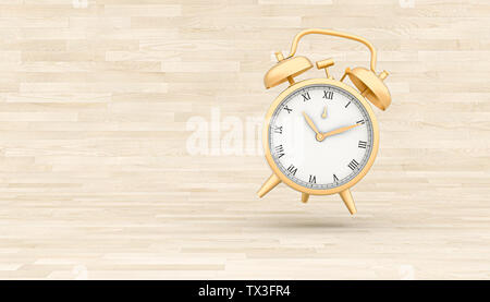 3d render image of a classic gold alarm clock on a natural wooden background. Stock Photo