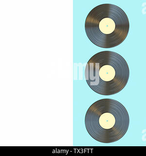 3d render image of a classic vinyl record on a light blue and white background in a flat lay style. Stock Photo