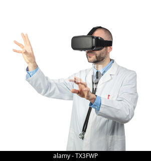 doctor isolated on white wearing glasses for virtual reality. Concept of new technologies used in medicine. Stock Photo