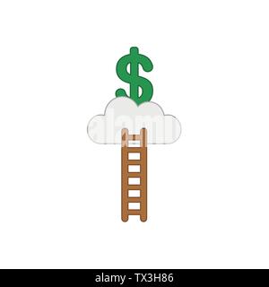 Vector icon concept of reach green dollar symbol on cloud with wooden ladder. Colored outlines. Stock Vector