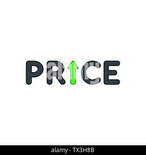 Vector icon concept of price word with green arrow moving up. Colored outlines. Stock Vector