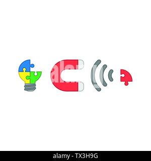 Vector icon concept of jigsaw puzzle light bulb with magnet attracting missing red puzzle piece. Colored outlines. Stock Vector