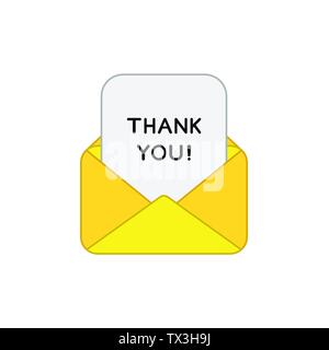 Vector icon concept of yellow open envelope mail or message with thank you written on paper. Colored outlines. Stock Vector