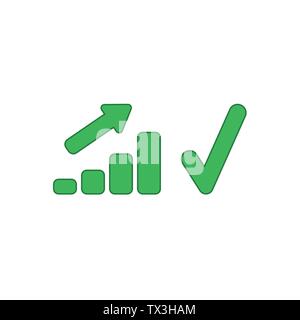 Vector icon concept of green sales bar chart moving up with green check mark. Colored outlines. Stock Vector